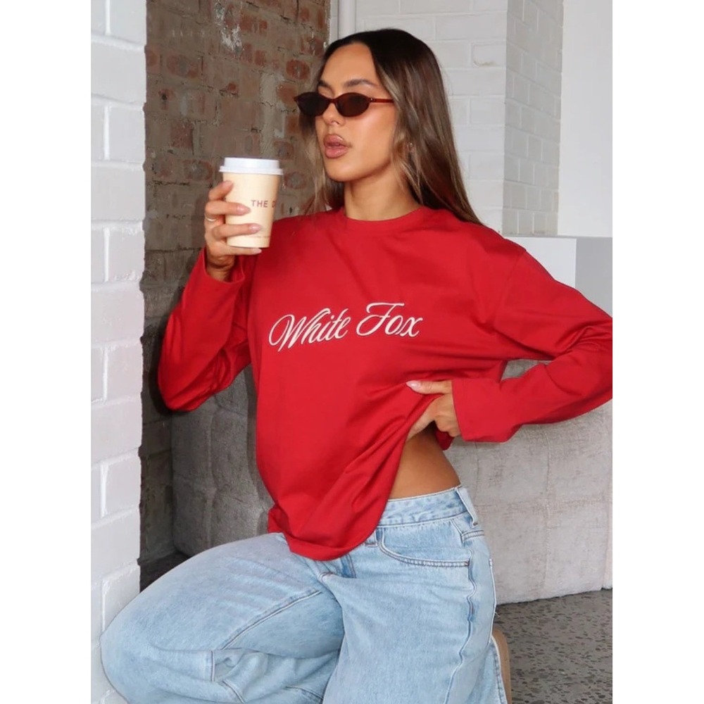 White Fox What The Heart Wants Long Sleeve Tee Red Logo Graphic S/M NEW